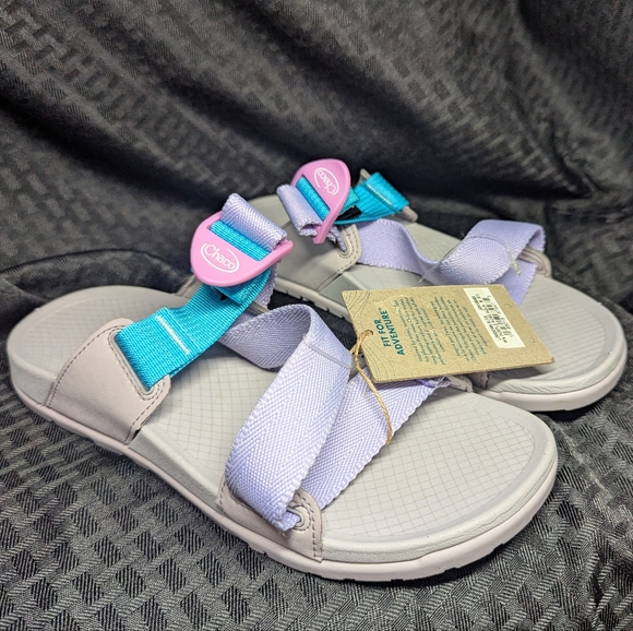 Chaco Shoes - Light Pink, Lavender and Baby Blue Strap Chaco Lowdown Slides.